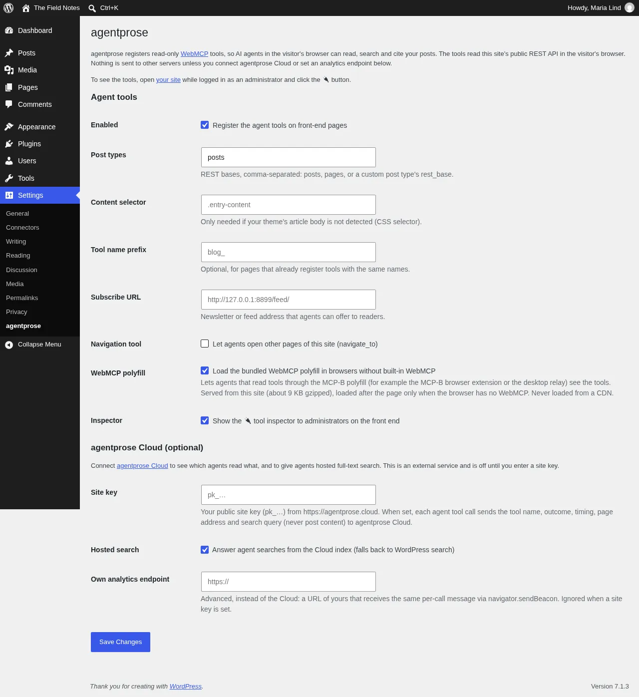 The agentprose settings page under Settings → agentprose